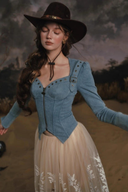 Denim Slim-Fit Jacket Skirt Set-Up