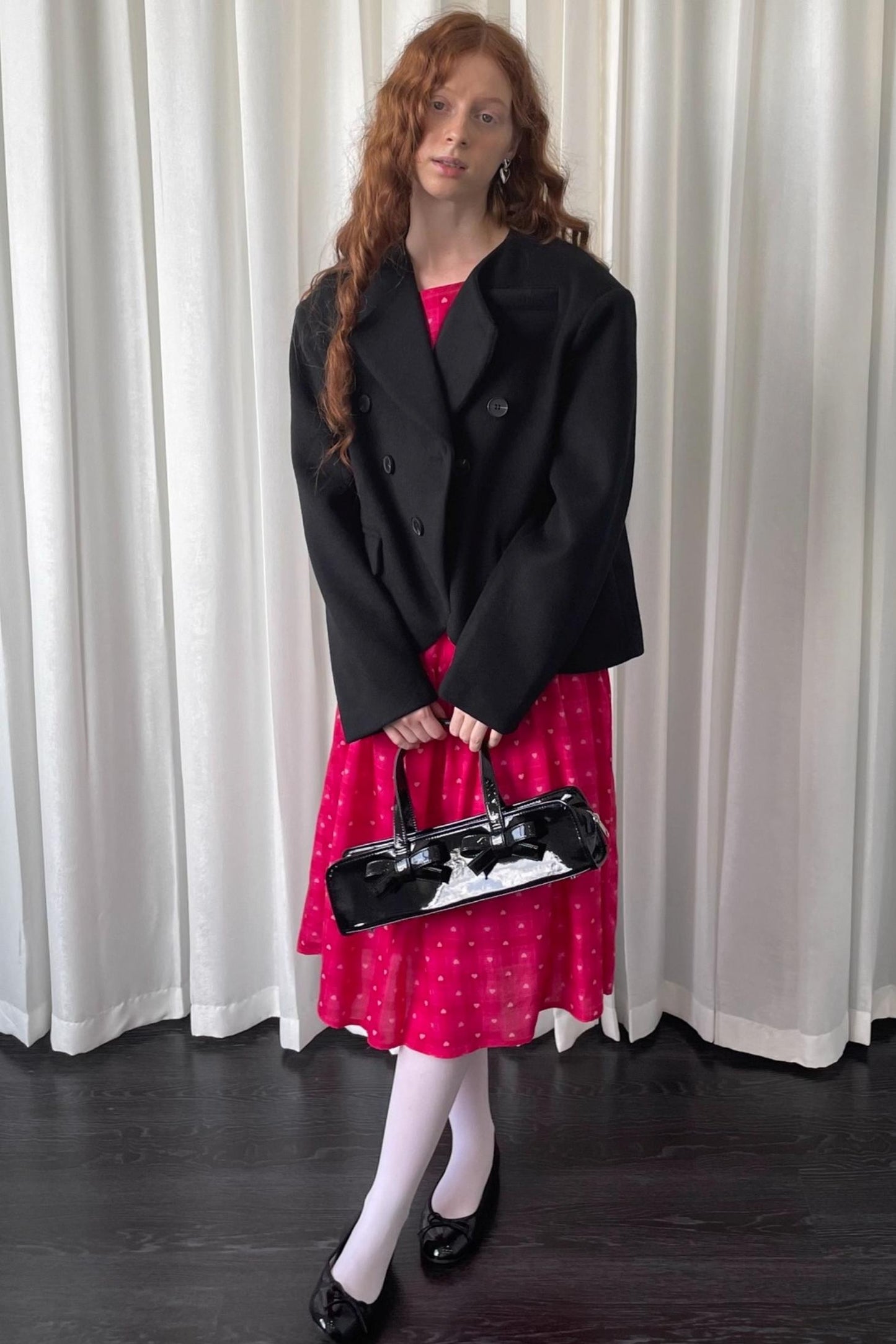 Smell Love Bow Rose Red Plaid Long Sleeve Dress