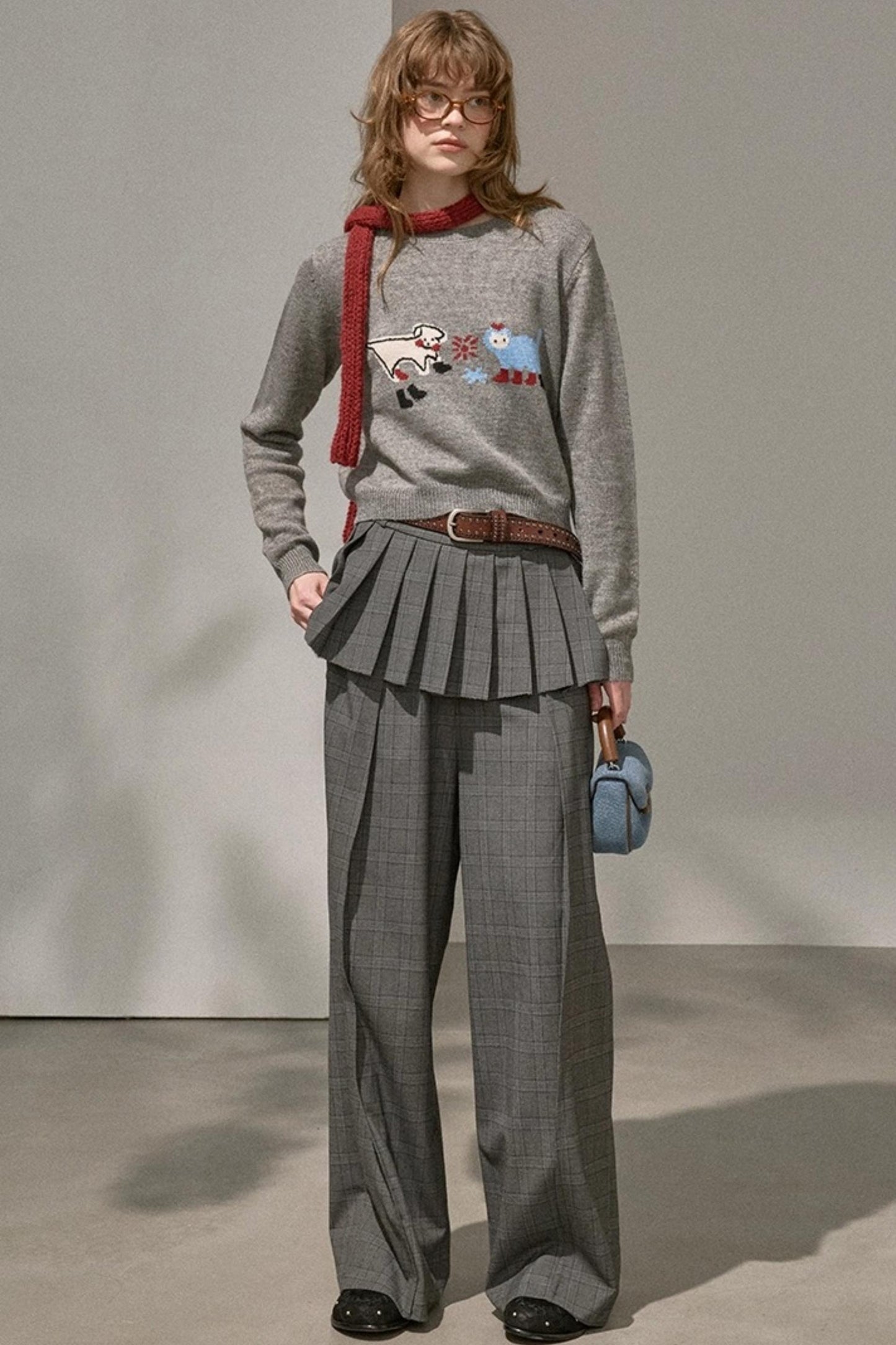 Kitten And Puppy Embroidered Wool Blend Knit Sweater