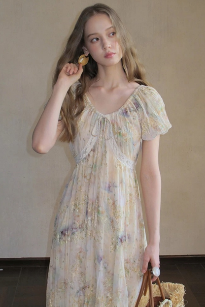 Embroidery Pleated Puff Sleeve Dress