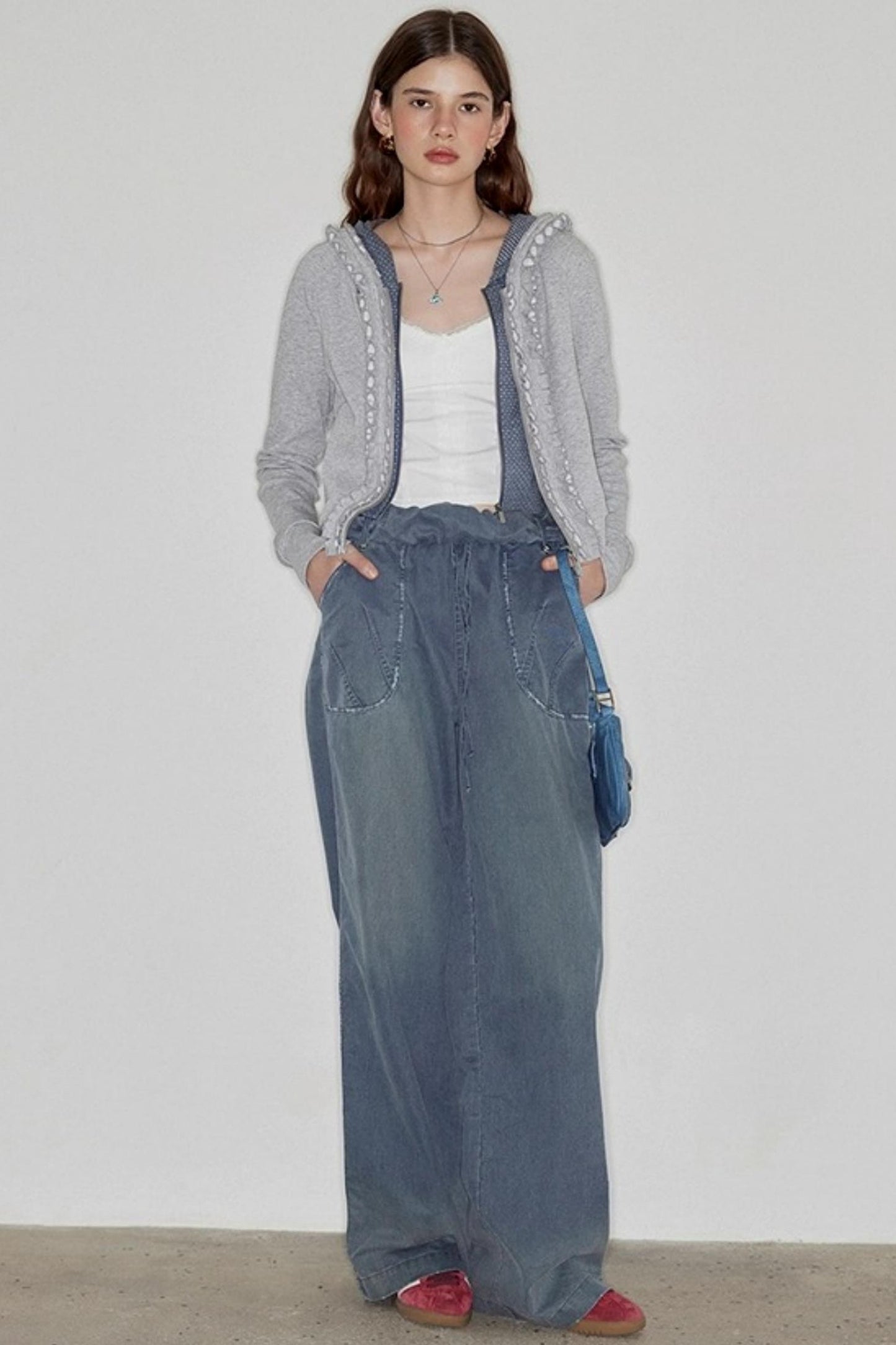 Washed Distressed Cuffed Waist Loose Pants