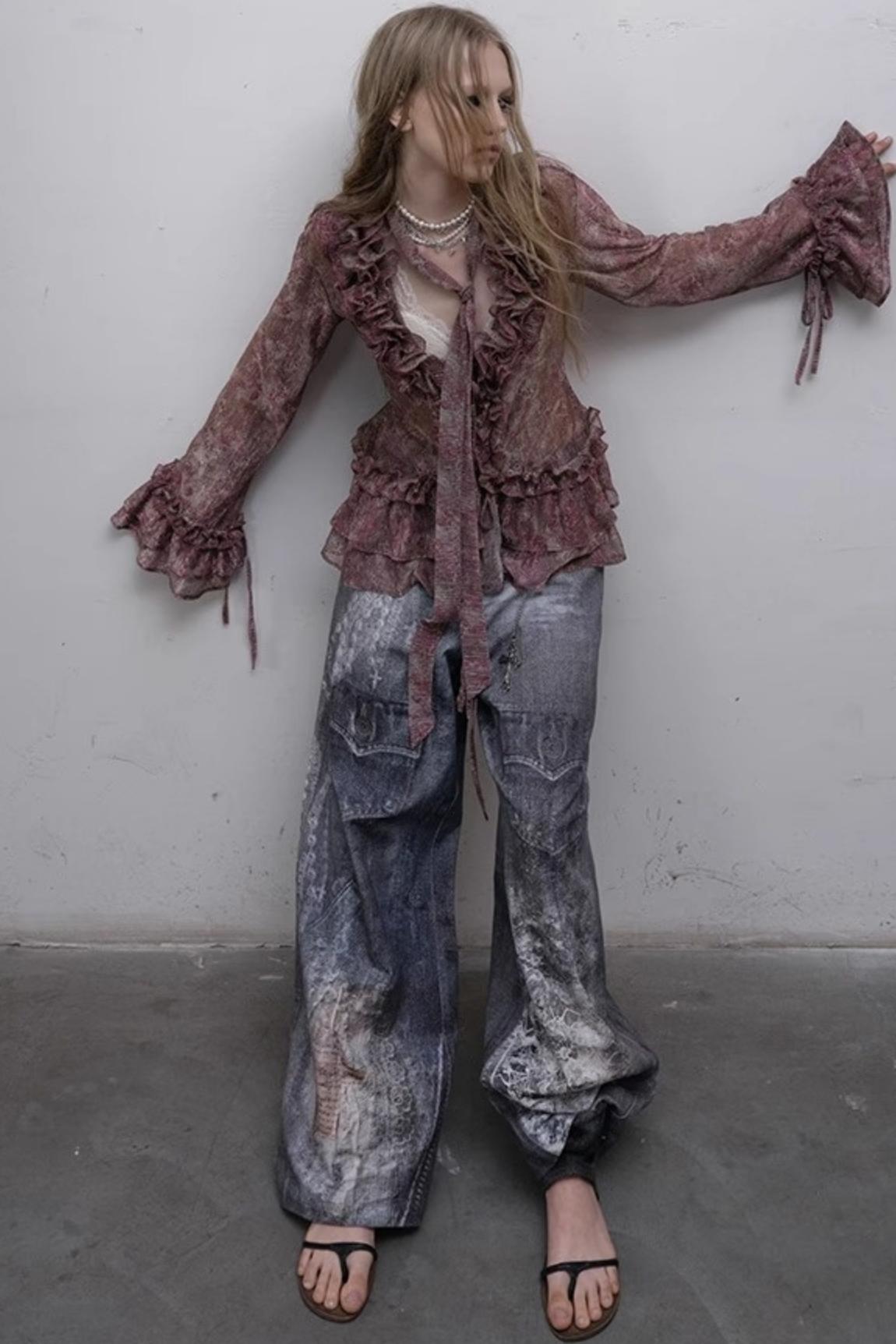 Printed Blue Wide-Leg Denim Pants