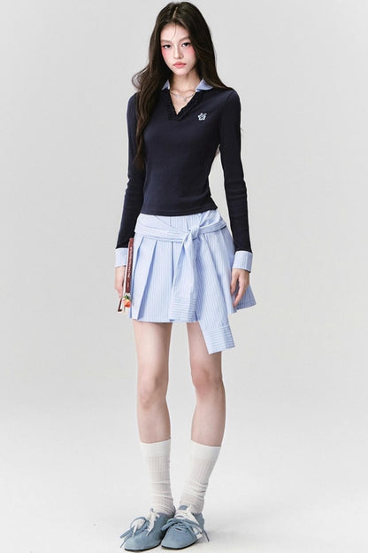 Love Letter Striped Pleated Skirt Set-Up