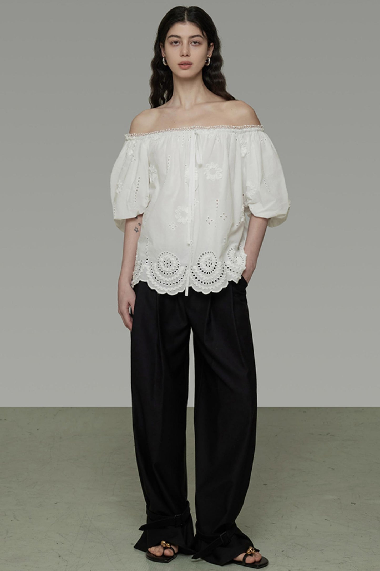 White Hollow Collar Blouse