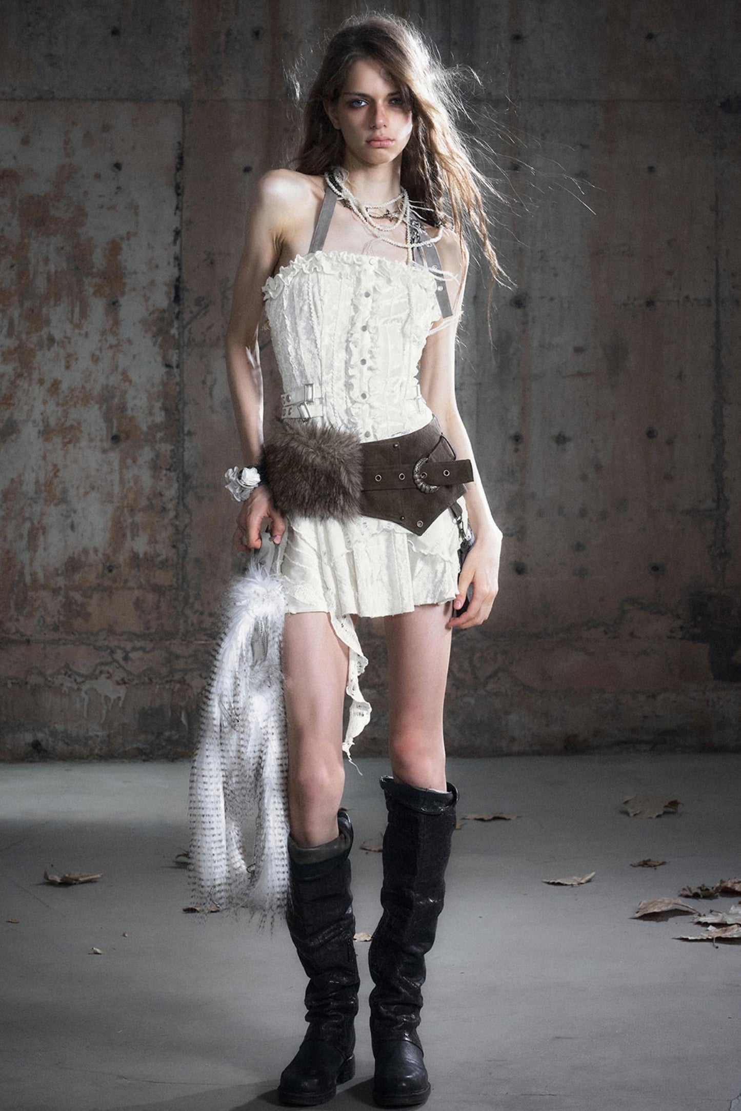 Leather Patchwork Fur Skirt  Belt