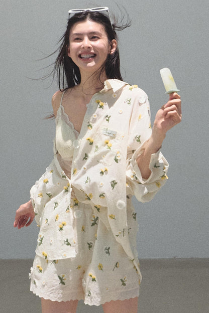 Zero Flowers Cotton Embroidered Casual Shirt Shorts Set-Up