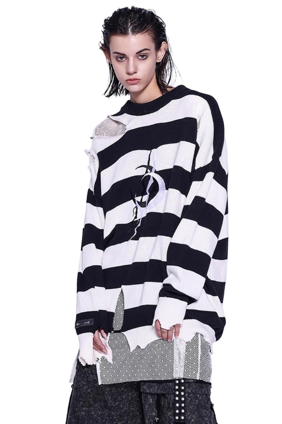 Black And White Striped Distressed Sweater