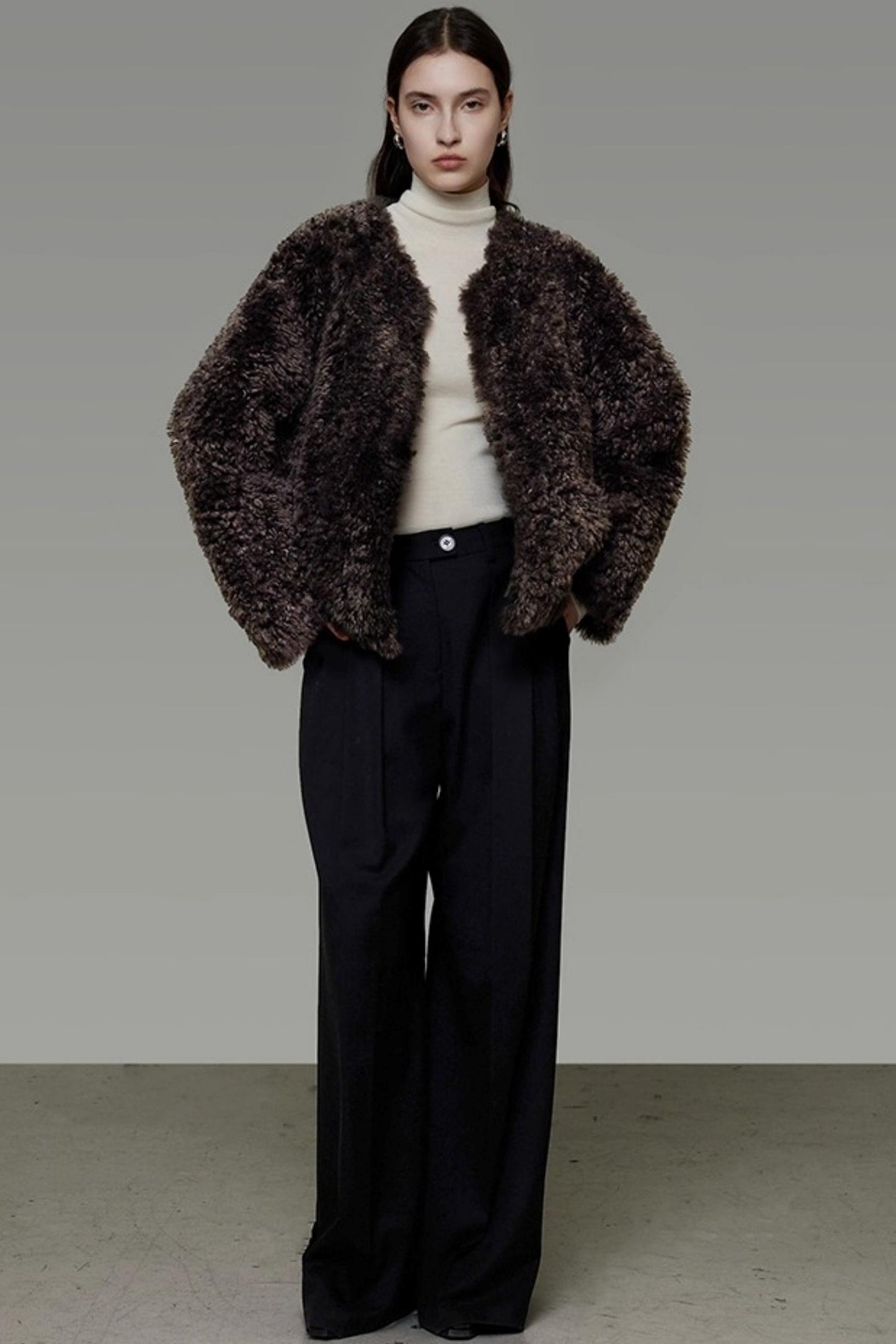 Collarless Lamb Wool Coat