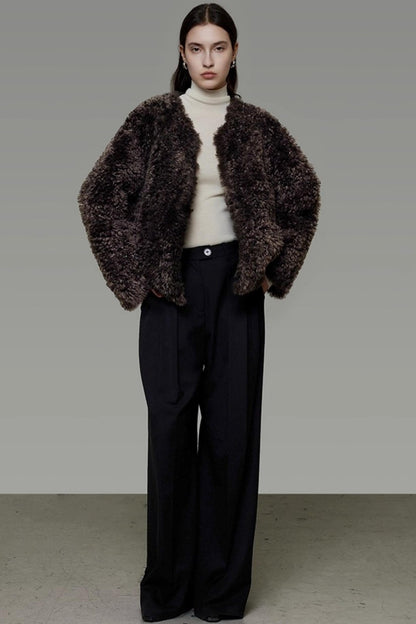 Collarless Lamb Wool Coat