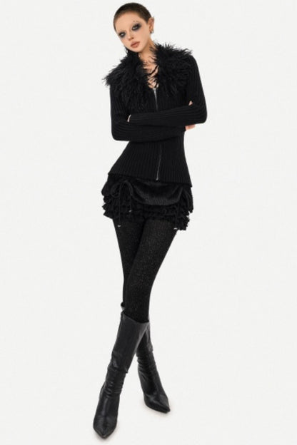 Black Fur Collar Knitted Cardigan