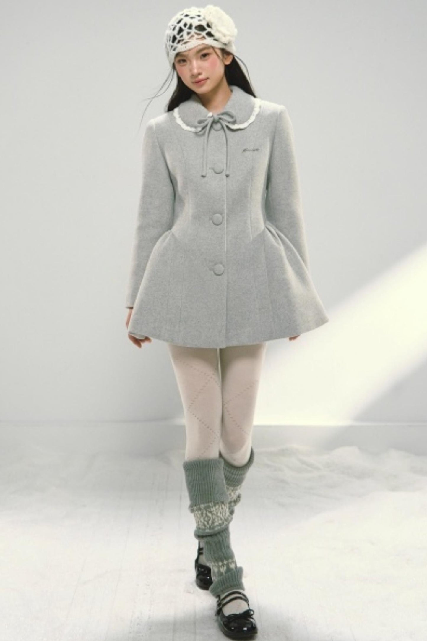 Light Gray Bow Woolen Coat