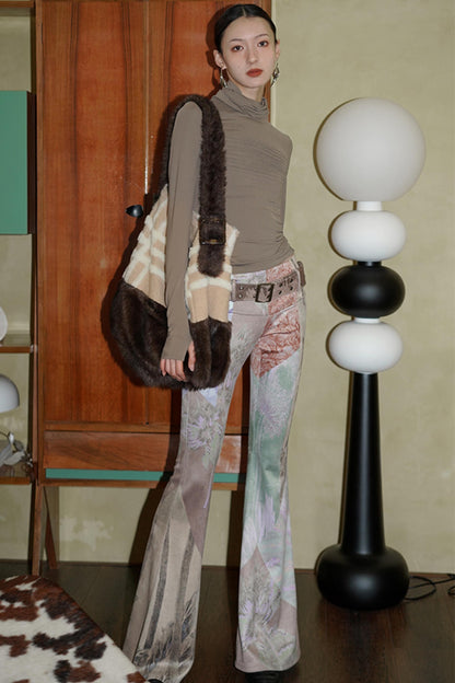 Vintage Print Suede Flared Pants