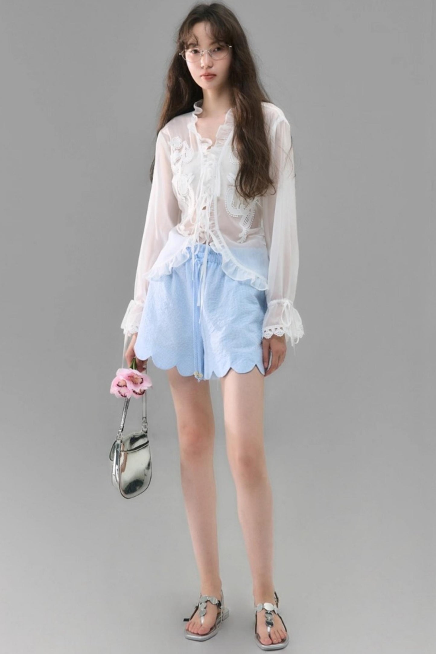 Autumn Lace-Up V-Neck Embroidered Shirt