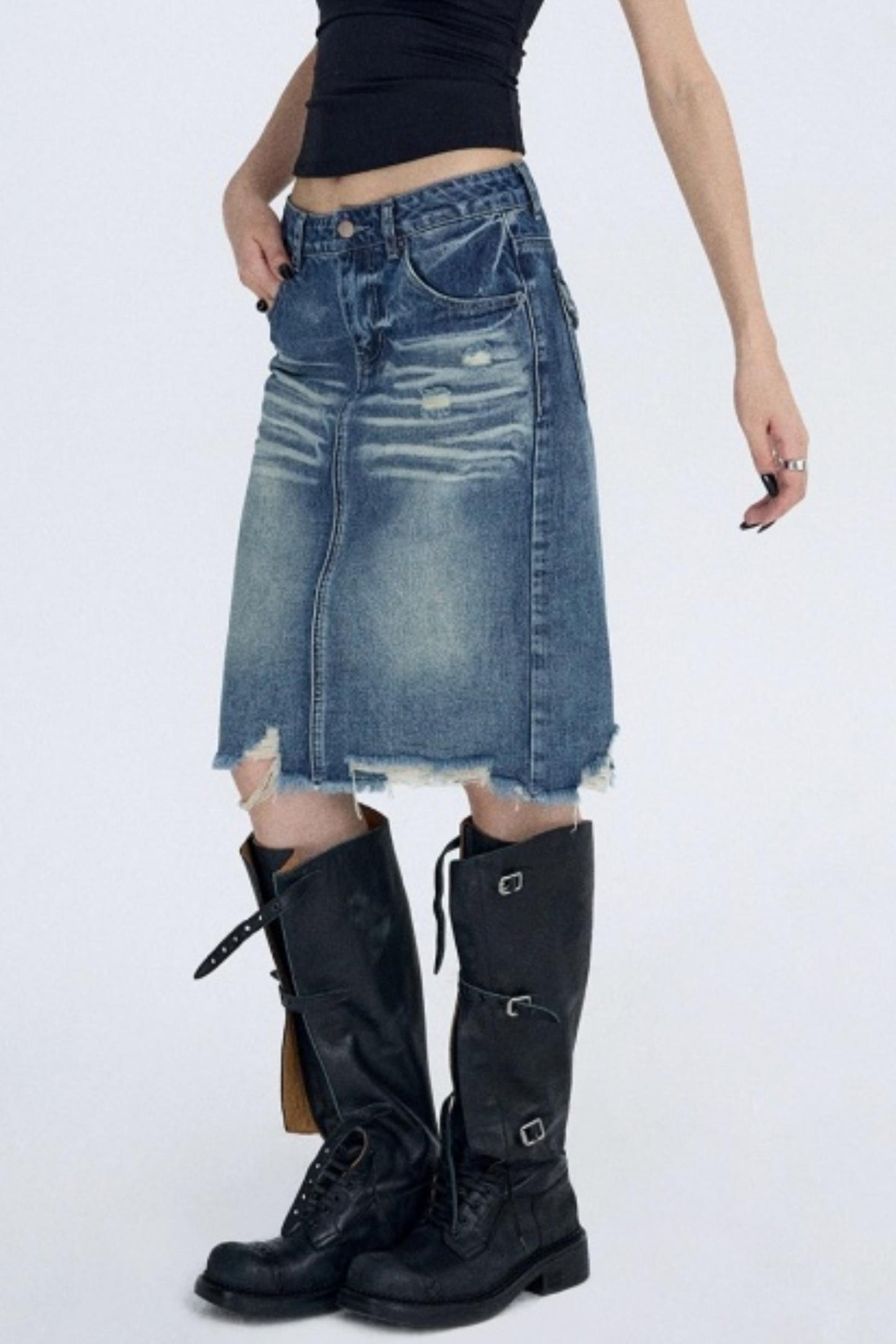 Retro Blue Distressed Denim Skirt