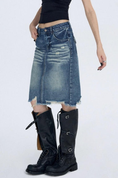 Retro Blue Distressed Denim Skirt