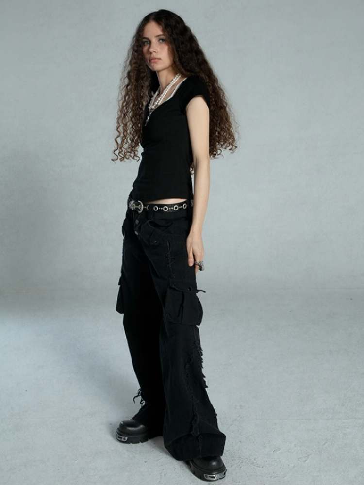 Straight Loose Washed Distressed Trumpet Mop Pants