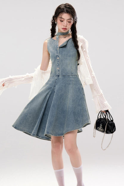 Elegant Ribbon Denim Dress