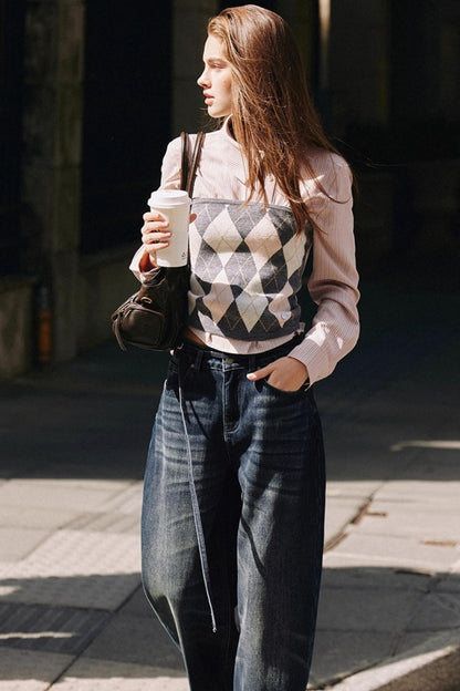 Striped Asymmetrical Slanted Placket Shirt Set-Up