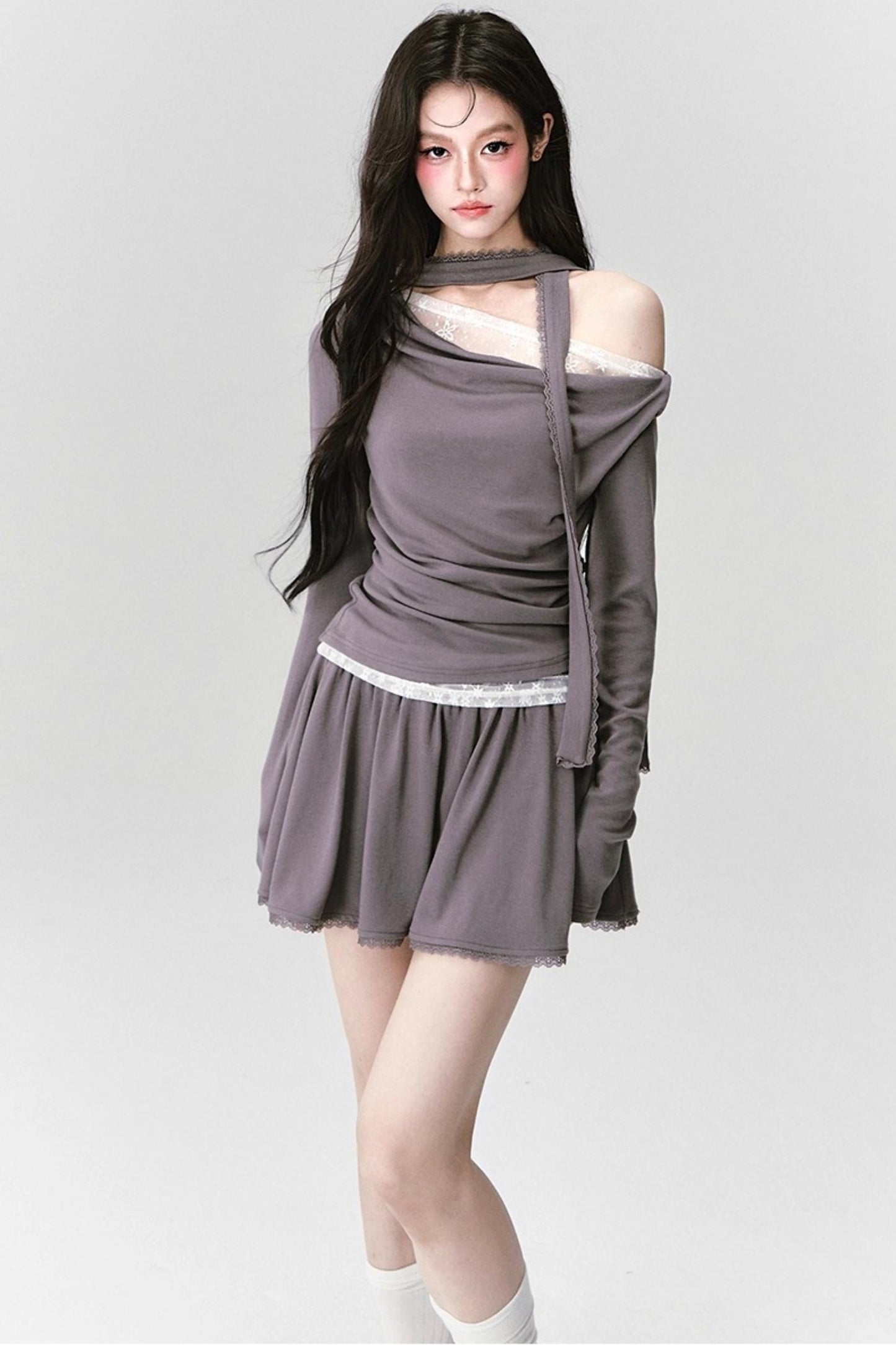 Green Lace Knit Top Skirt Set-Up