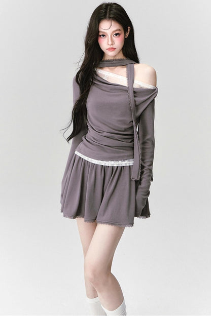 Green Lace Knit Top Skirt Set-Up