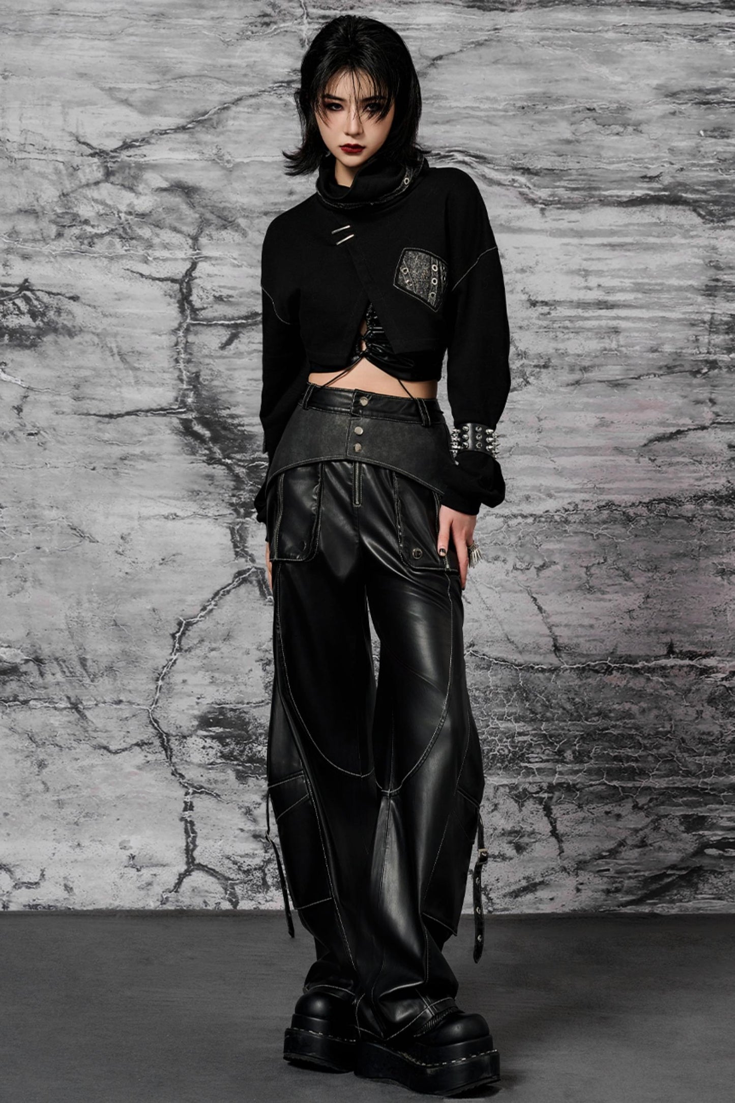 Metallic Trim Leather Pants