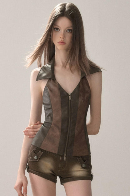 Retro Lapel Halter Vest