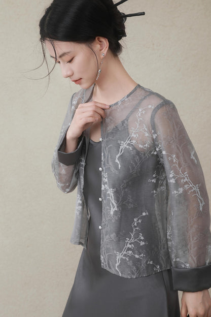 Plum Blossom Cardigan & Satin Dress Set