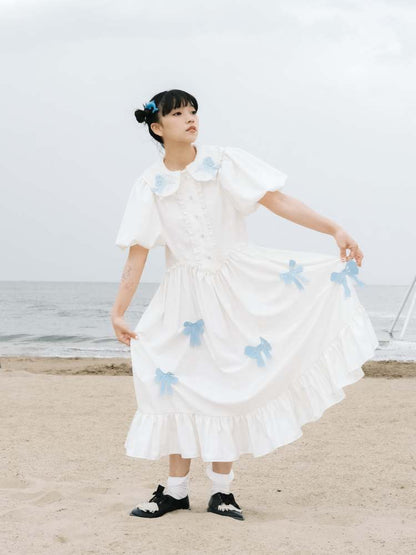 Dolphin Princess Ribbon Embroidery Puff Sleeve Dress