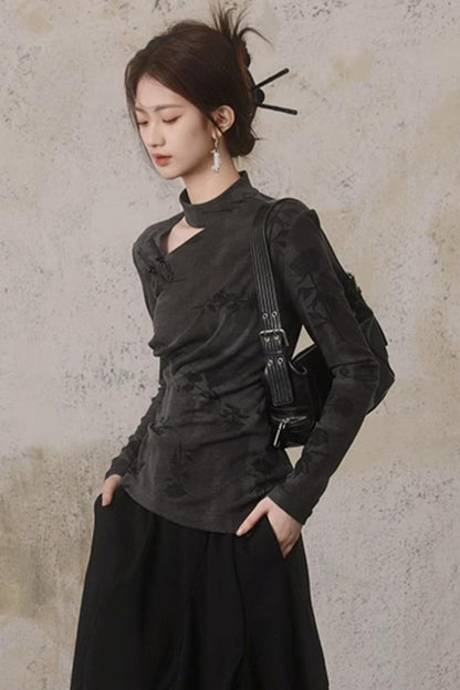 Hollow Design Long-Sleeved Chinese Top