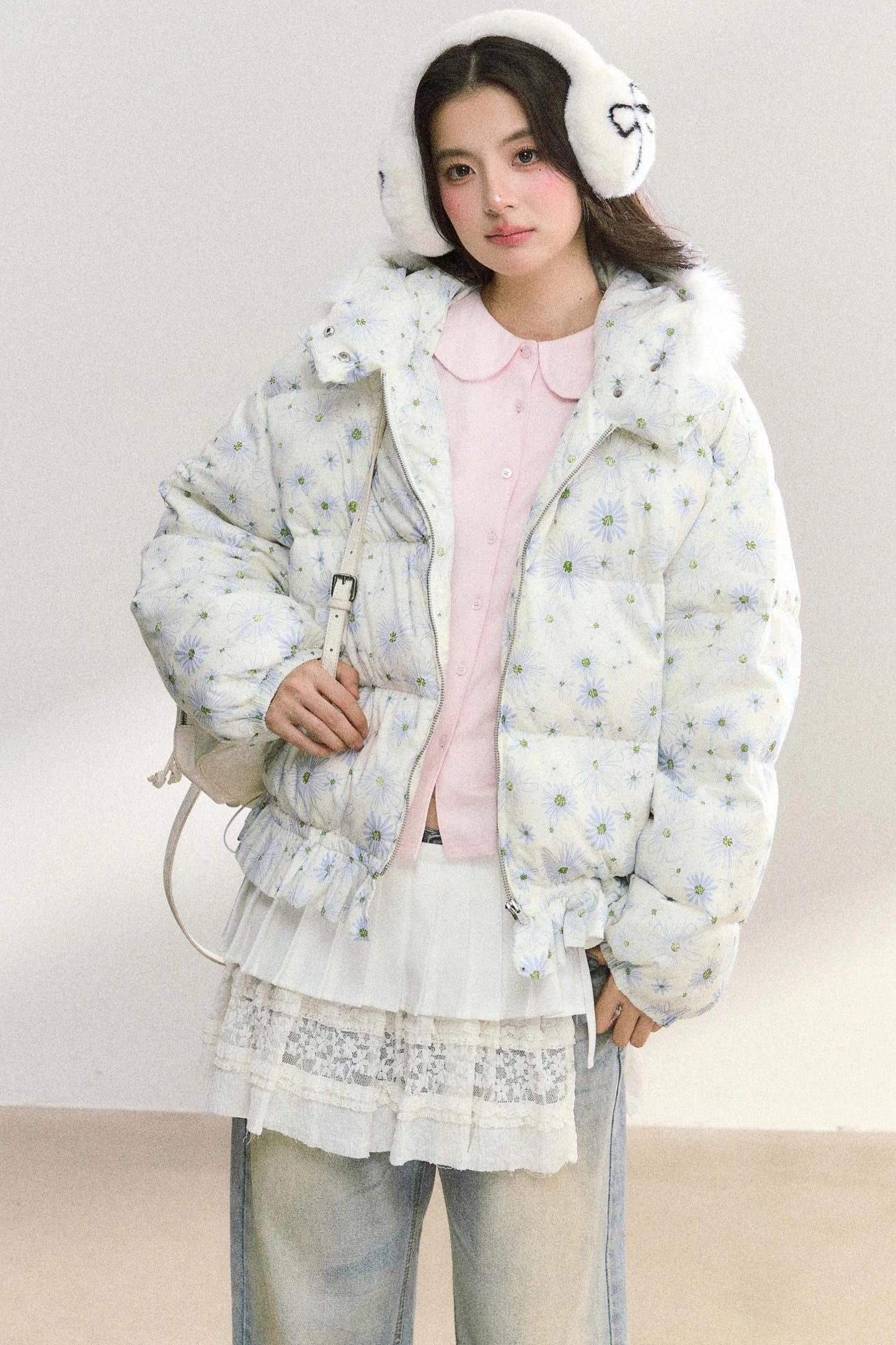 Fur Collar Daisy Print Jacket