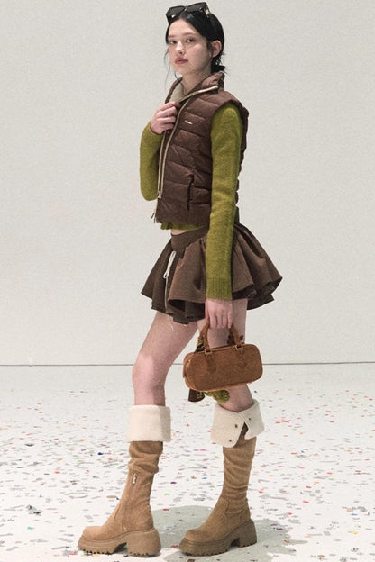 Plaid Color-Blocked Puffy Skirt