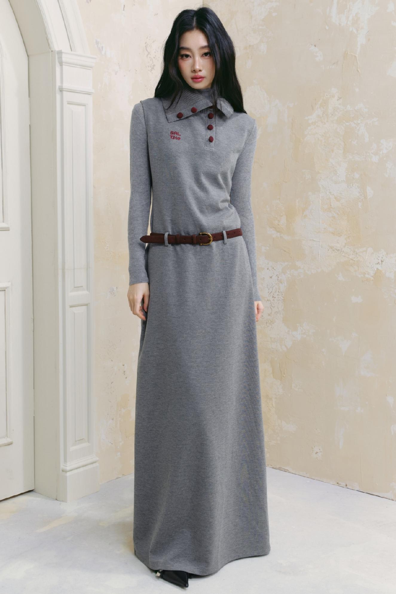 Polo Neck Gray Long Dress Set-up