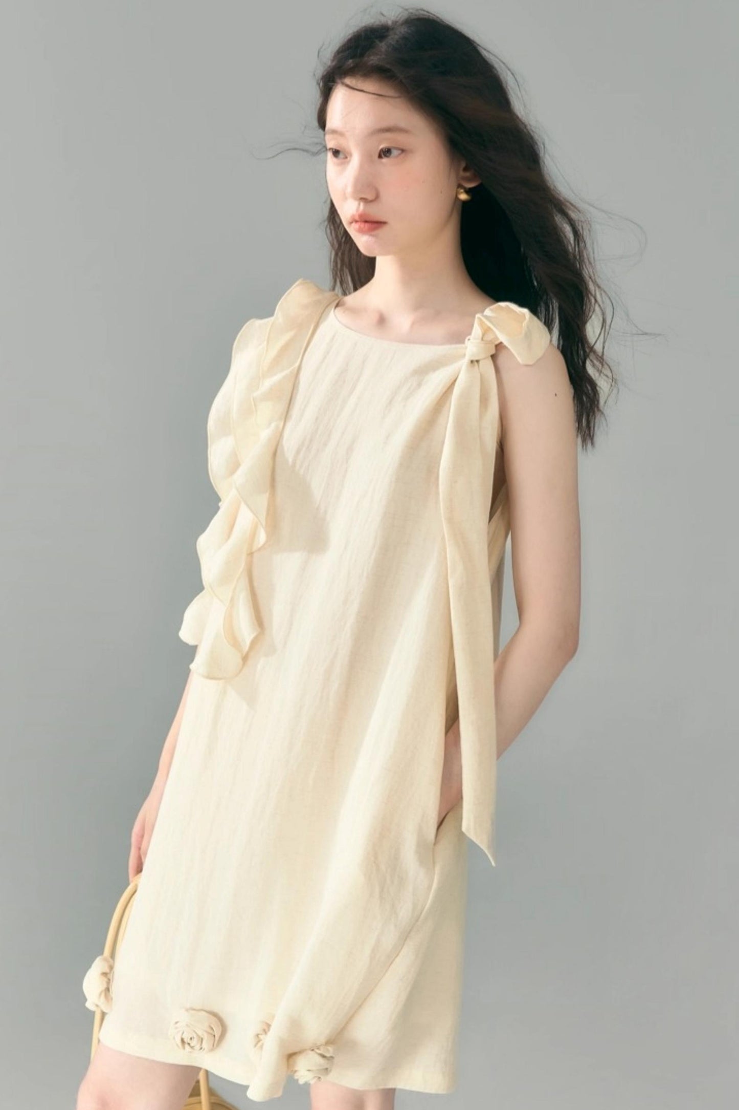 Three-Dimensional Rose Lace Linen-Blend Dress