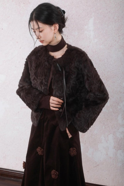 Curved Berry Brown Plush Jacket