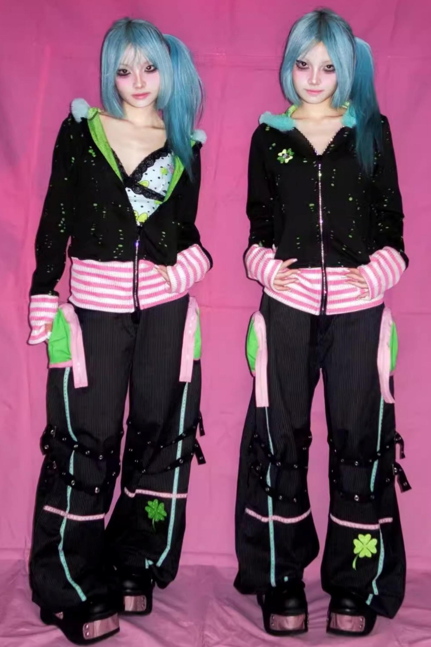 Four-Leaf Clover Embroidery Stripe Studded Trousers