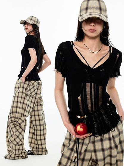 Gradient Plaid Pattern Wide Leg Cargo Pants