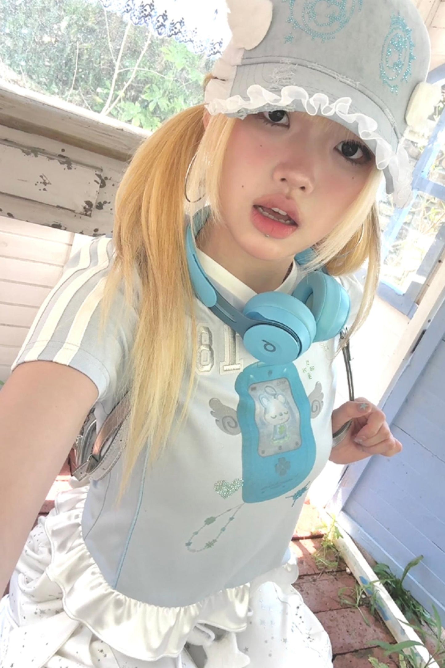 Blue Ruffle V-Neck Tee