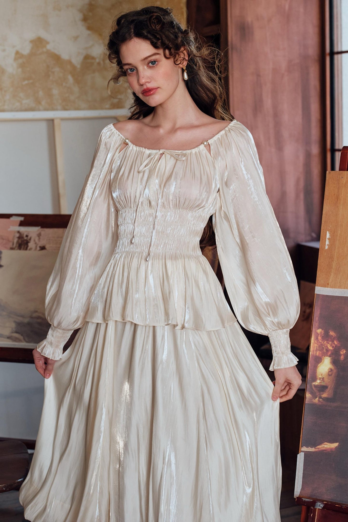 Satin Slim Fit Vintage Skirt Shirt Set-Up