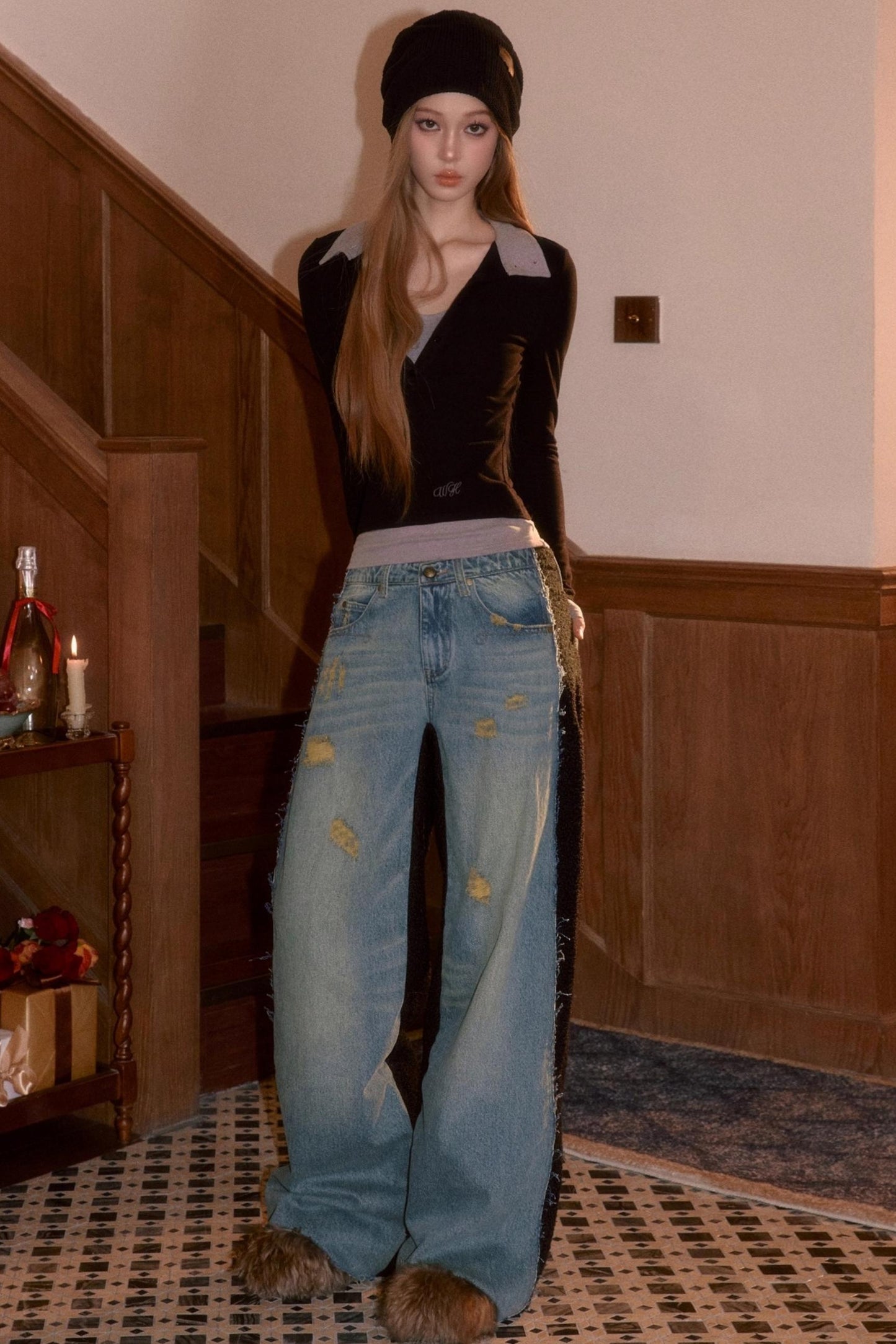 Frayed Hem Patchwork Jeans