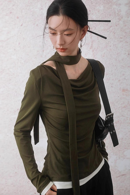 Tencel Lyocell Olive Green Swing Collar T-Shirt