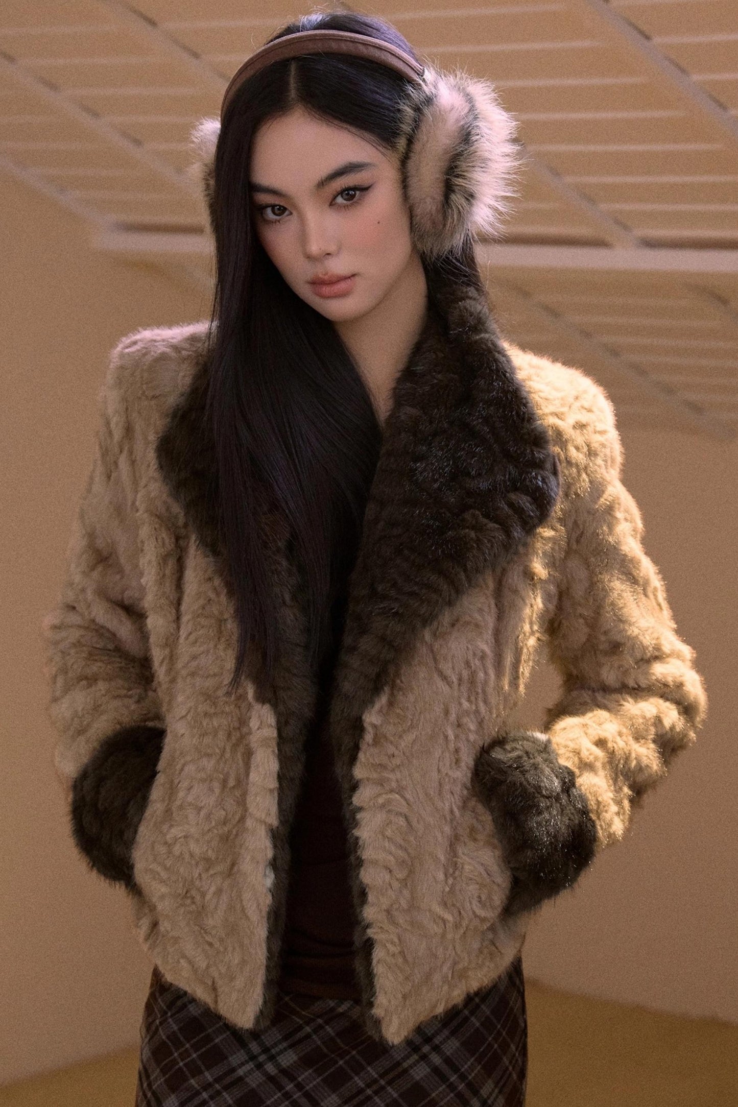 Two-Tone Patchwork Furry Coat