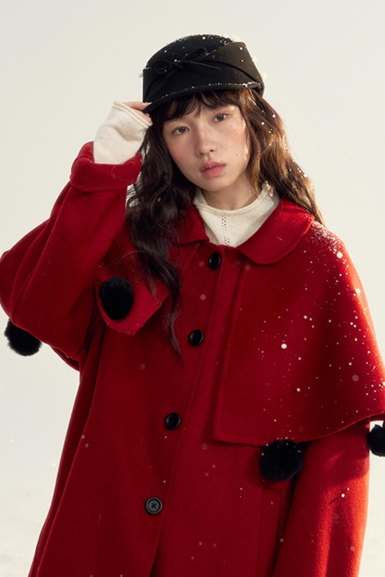 Detachable Cape Red Wool Coat