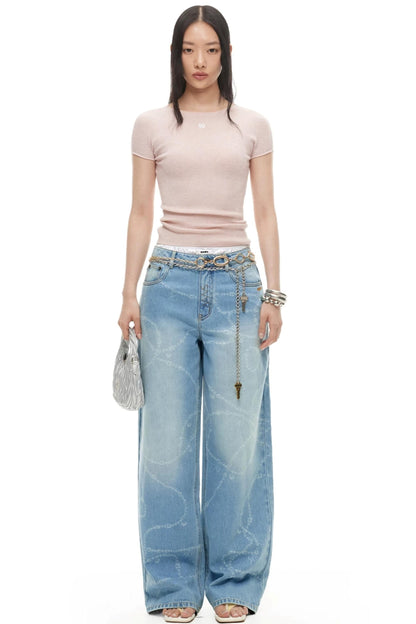 Washed Laser Print Denim Pants