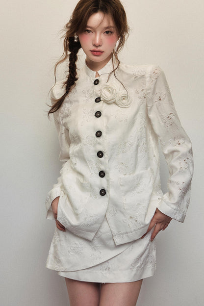 Elegant White Rose Jacquard Dress