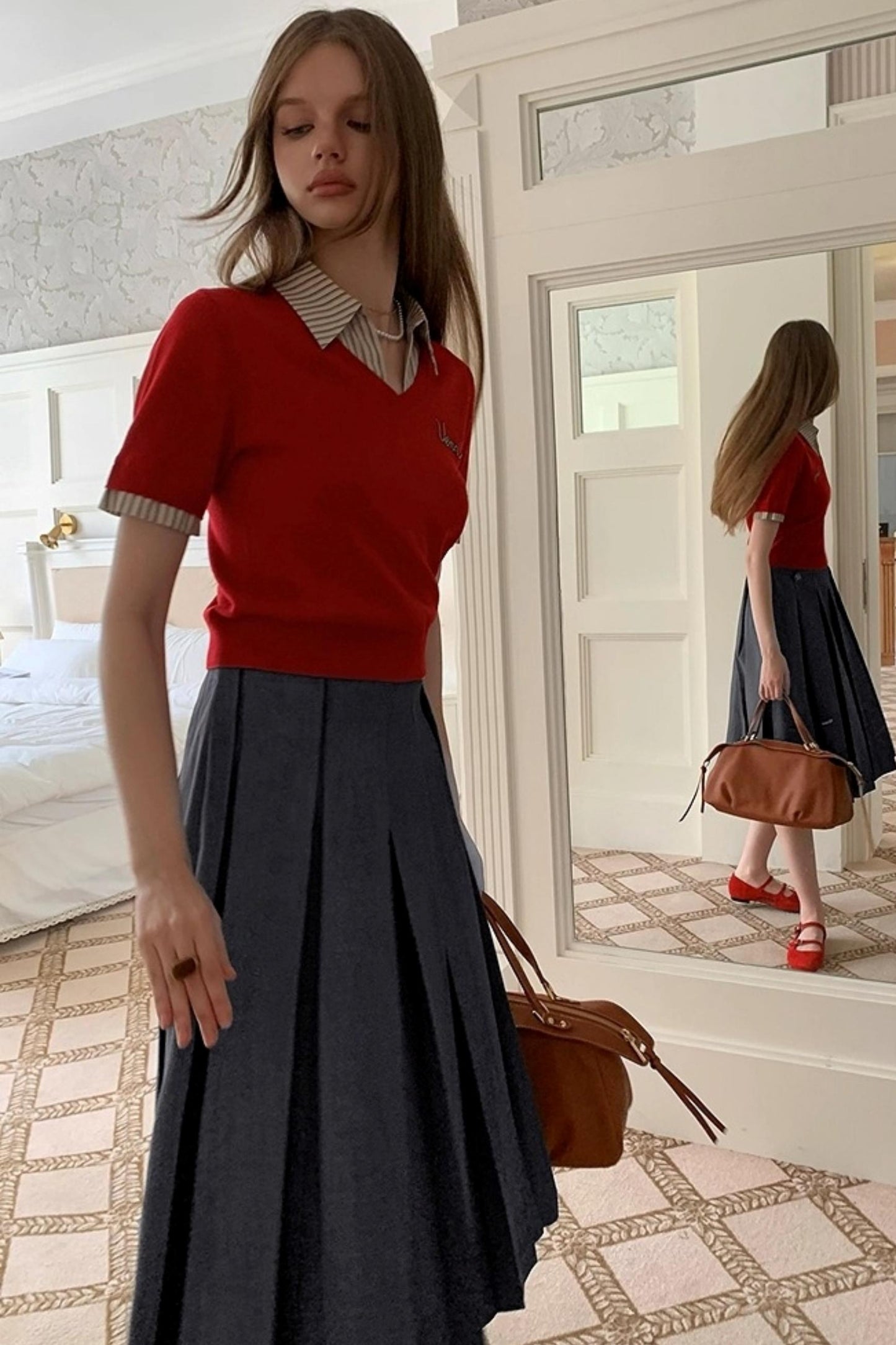 Embroidered Striped Collar Fake Two Piece T-Shirt