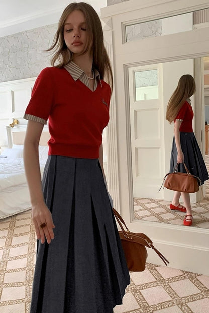 Embroidered Striped Collar Fake Two Piece T-Shirt