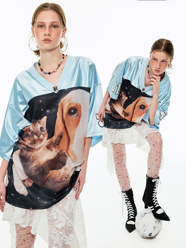 Dog & Cat Print Oversized V-Neck T-Shirt