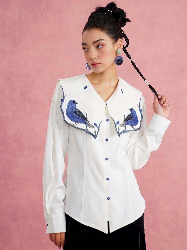 Blue Bird Embroidery Blouse