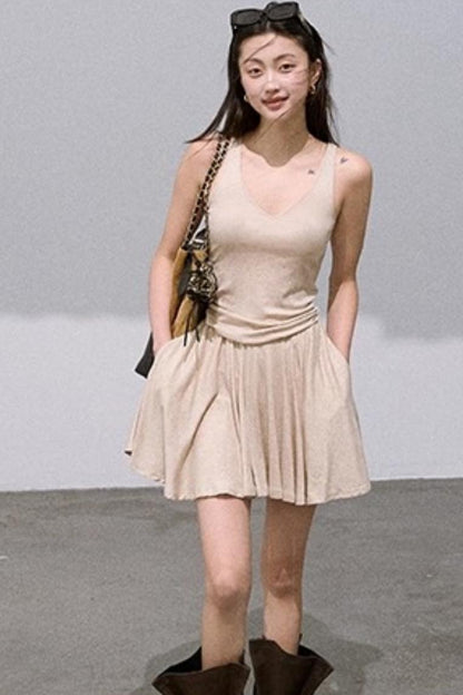 Tencel Wool Knit V-Neck Cardigan Dress Set-Up