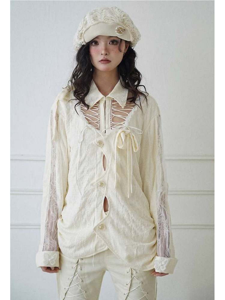 Niche Original Design Strap Sheer Lace Shirt